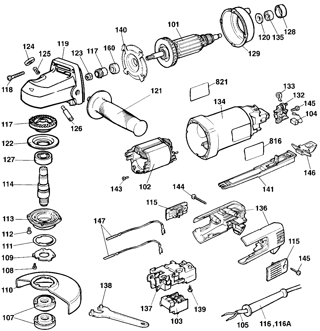 Default Diagram and Parts List for B2752 Type 1 Black and Decker Grinder